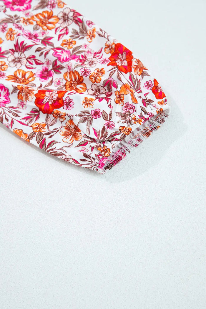 Pink Floral Print Tie Split Neck Bracelet Sleeve Blouse - Tops/Blouses & Shirts