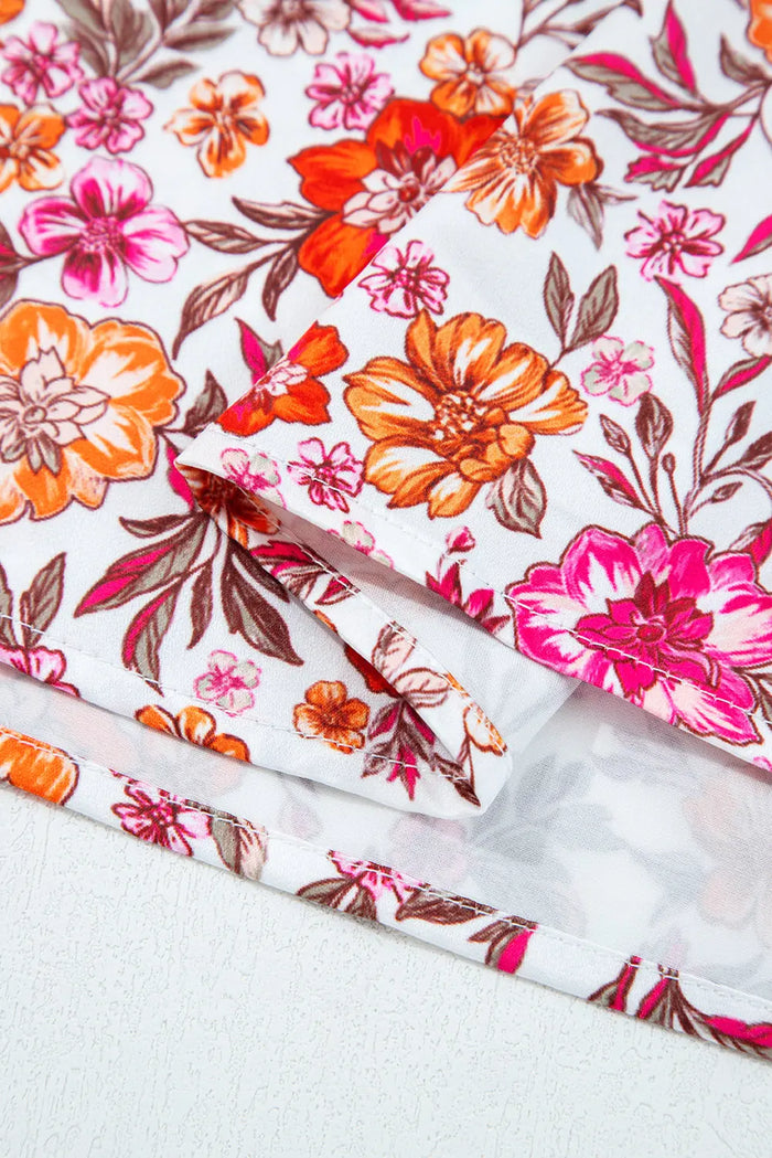 Pink Floral Print Tie Split Neck Bracelet Sleeve Blouse - Tops/Blouses & Shirts
