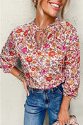 Pink Floral Print Tie Split Neck Bracelet Sleeve Blouse - S / 100% Polyester - Tops/Blouses & Shirts