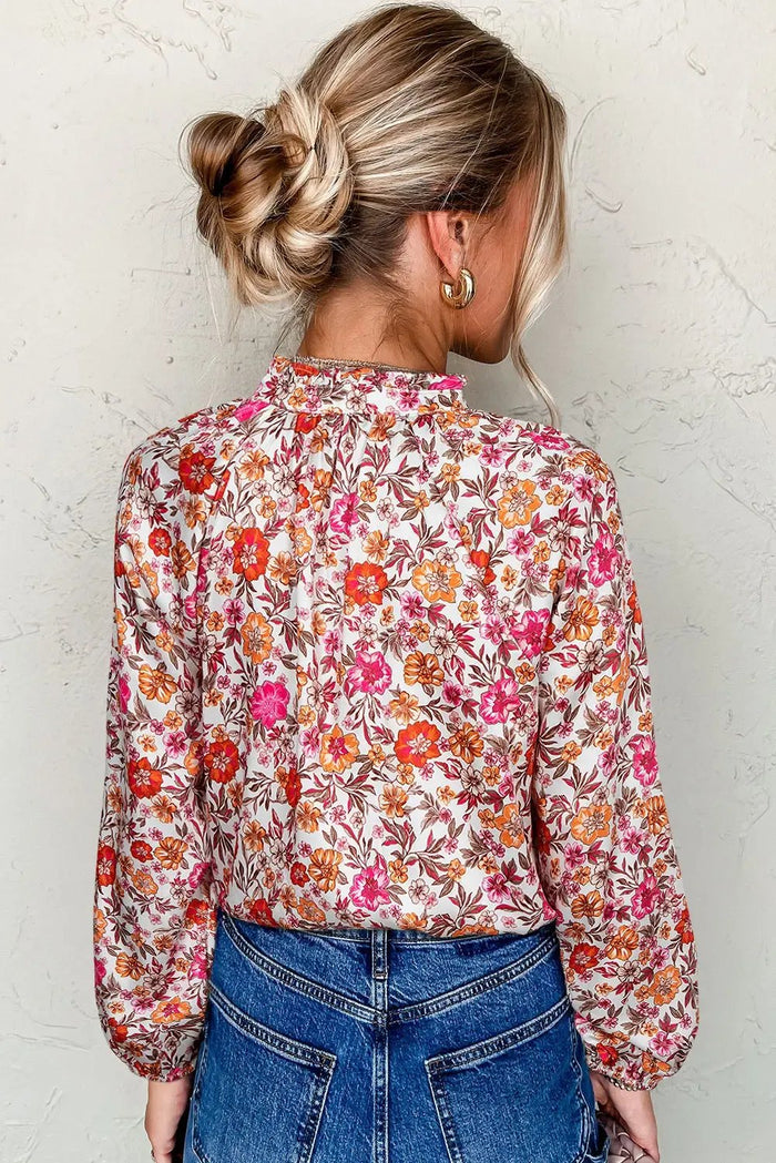 Pink Floral Print Tie Split Neck Bracelet Sleeve Blouse - Tops/Blouses & Shirts