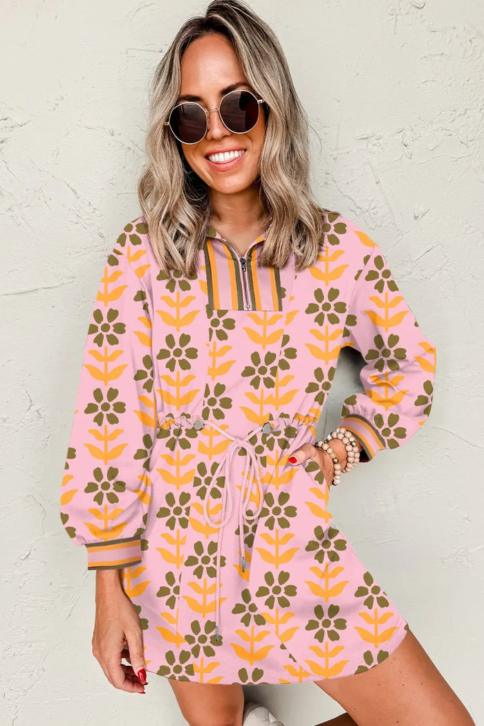 Pink Floral Print Zip Neck Striped Patchwork Long Sleeve Drawstring Dress - Dresses/Mini Dresses