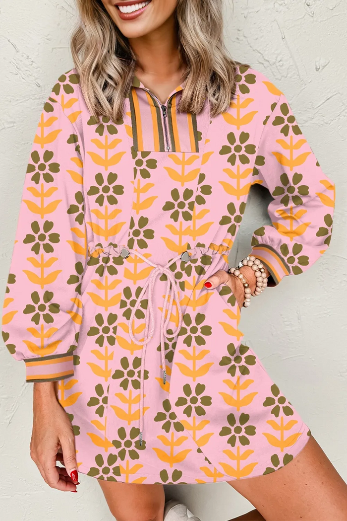 Pink Floral Print Zip Neck Striped Patchwork Long Sleeve Drawstring Dress - Dresses/Mini Dresses