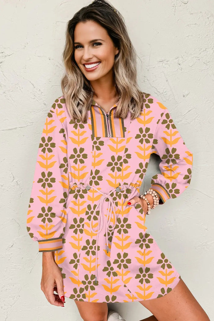 Pink Floral Print Zip Neck Striped Patchwork Long Sleeve Drawstring Dress - Dresses/Mini Dresses