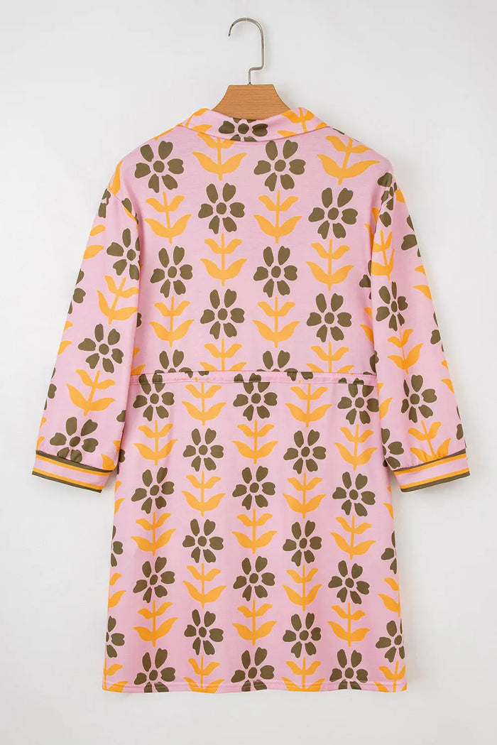 Pink Floral Print Zip Neck Striped Patchwork Long Sleeve Drawstring Dress - Dresses/Mini Dresses