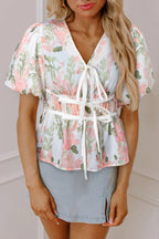 Pink Floral Puff Sleeve V Neck Tied Front Peplum Blouse - S / 100% Polyester - Tops/Blouses & Shirts