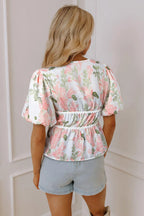 Pink Floral Puff Sleeve V Neck Tied Front Peplum Blouse - Tops/Blouses & Shirts