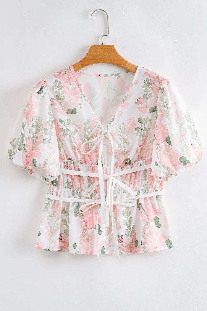 Pink Floral Puff Sleeve V Neck Tied Front Peplum Blouse - Tops/Blouses & Shirts