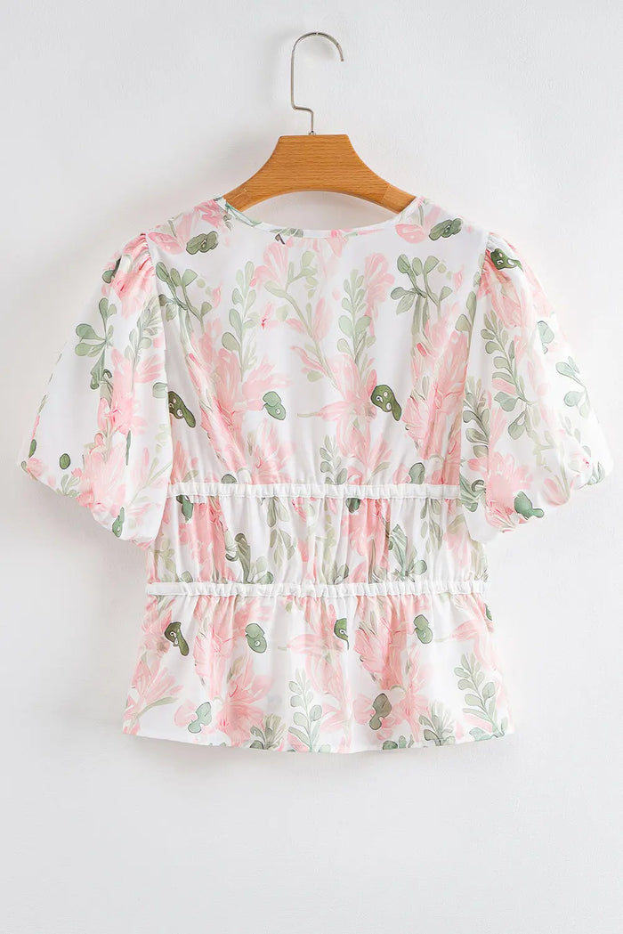 Pink Floral Puff Sleeve V Neck Tied Front Peplum Blouse - Tops/Blouses & Shirts
