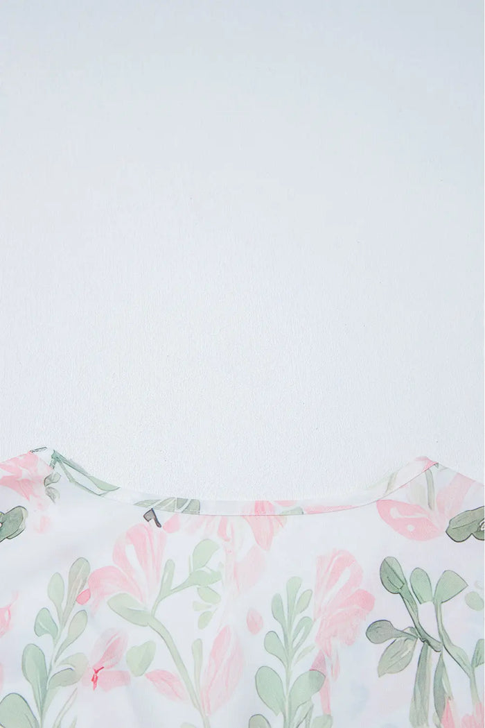 Pink Floral Puff Sleeve V Neck Tied Front Peplum Blouse - Tops/Blouses & Shirts