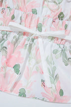 Pink Floral Puff Sleeve V Neck Tied Front Peplum Blouse - Tops/Blouses & Shirts