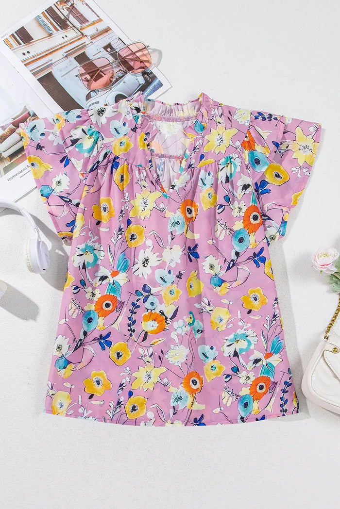 Pink Flutter Sleeve V Neck Floral Top - Tops/Blouses & Shirts