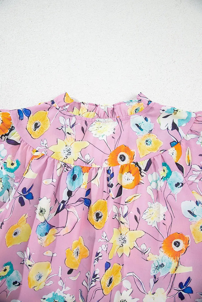 Pink Flutter Sleeve V Neck Floral Top - Tops/Blouses & Shirts