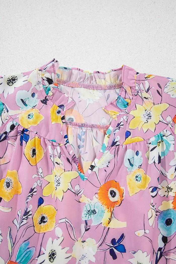Pink Flutter Sleeve V Neck Floral Top - Tops/Blouses & Shirts