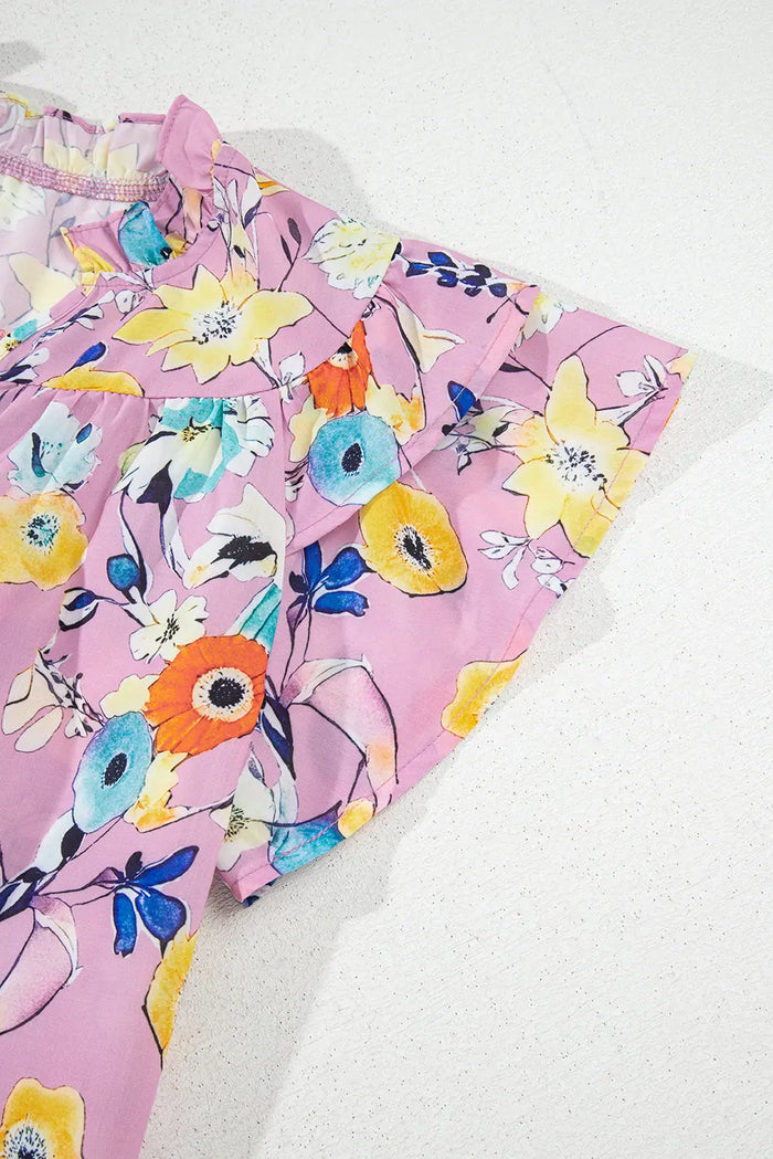Pink Flutter Sleeve V Neck Floral Top - Tops/Blouses & Shirts
