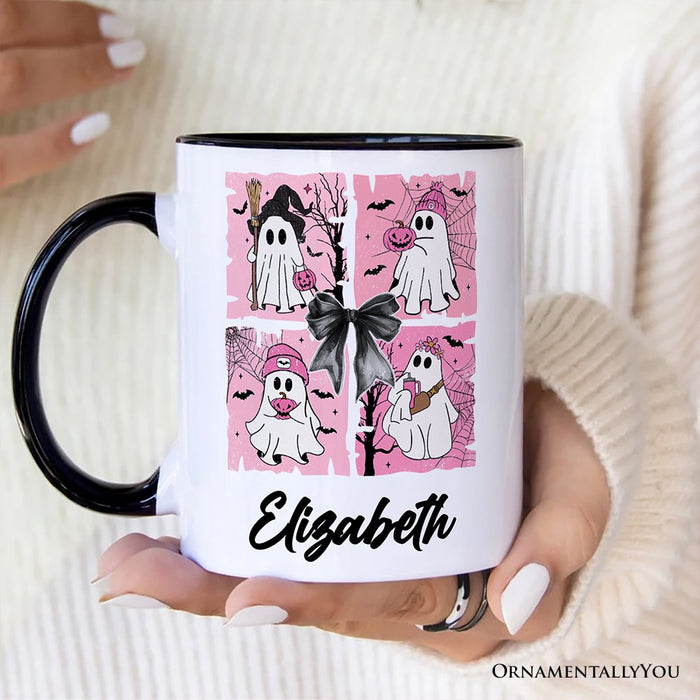 Pink Halloween Ghost Personalized Mug, Coquette Spooky Season Gift with Custom Name for Girly Aesthetic Personalized Ceramic Mug OrnamentallyYou