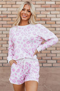 Pink Leopard Animal Print Pullover and Shorts Loungewear - PINK / S / 95% POLYESTER + 5% ELASTANE - &