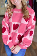 Pink Love Heart Checkered Valentine Crew Neck Sweater - S / 52% Viscose + 26% Polyester + 22% Polyamide - Sweaters &