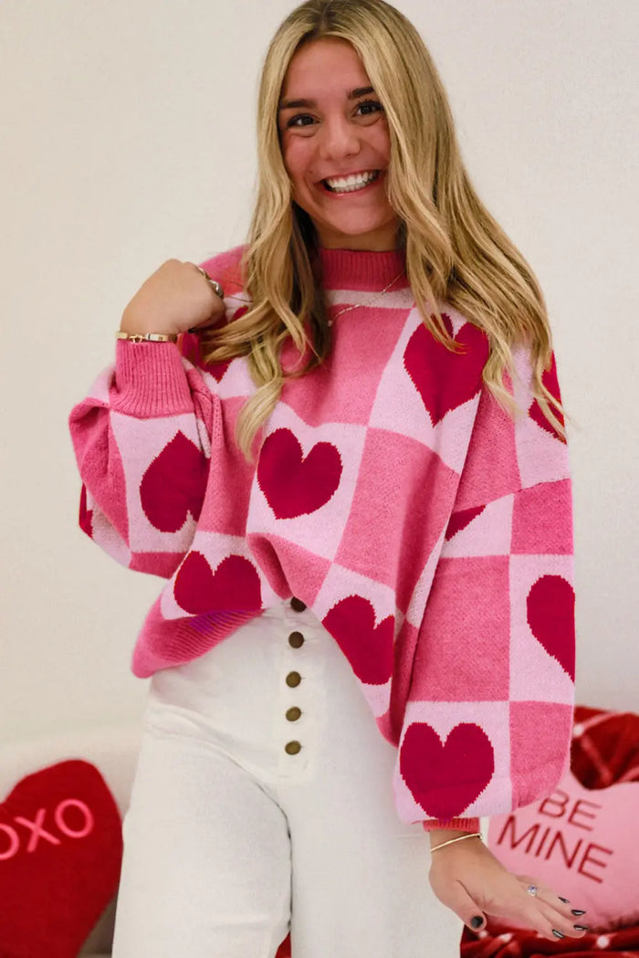 Pink Love Heart Checkered Valentine Crew Neck Sweater - Sweaters & Cardigans/Sweaters