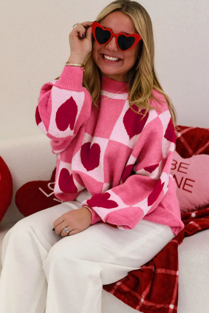 Pink Love Heart Checkered Valentine Crew Neck Sweater - Sweaters & Cardigans/Sweaters