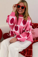 Pink Love Heart Checkered Valentine Crew Neck Sweater - Sweaters & Cardigans/Sweaters