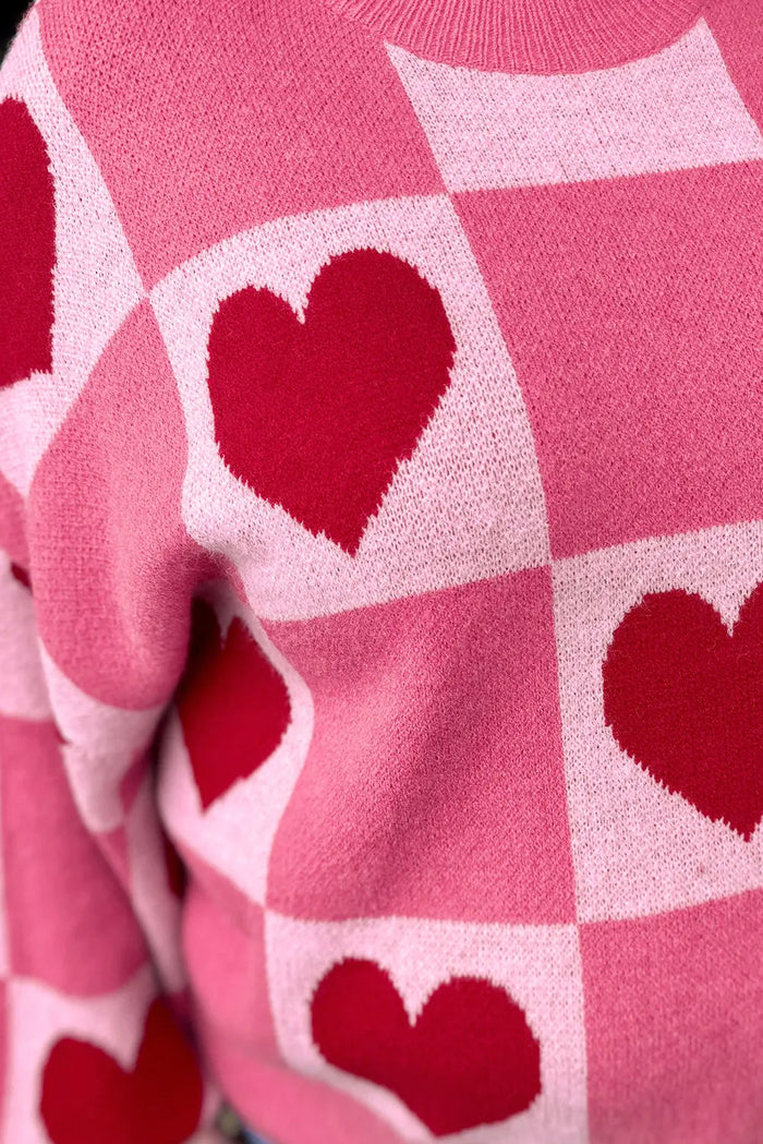 Pink Love Heart Checkered Valentine Crew Neck Sweater - Sweaters & Cardigans/Sweaters