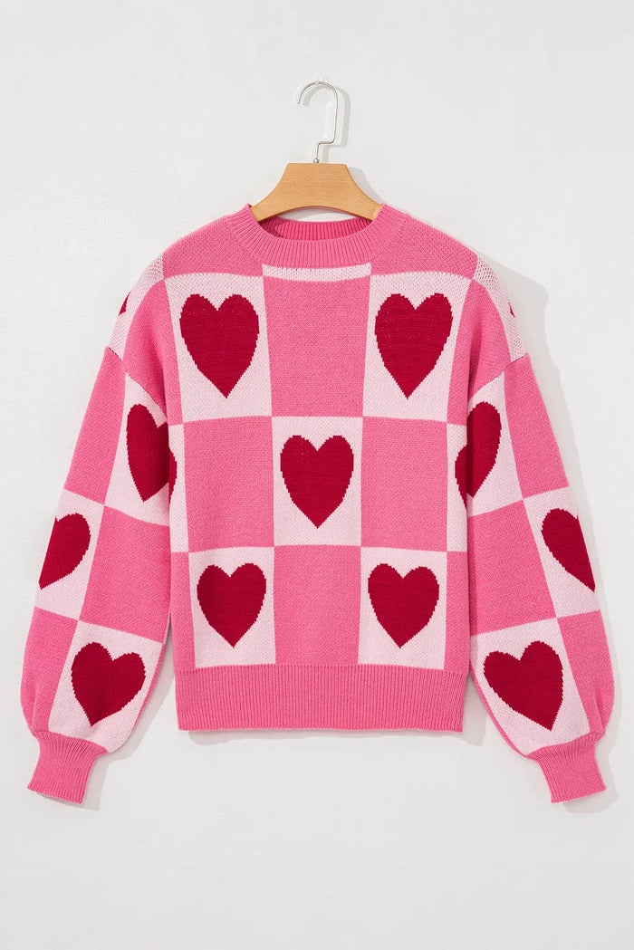 Pink Love Heart Checkered Valentine Crew Neck Sweater - Sweaters & Cardigans/Sweaters