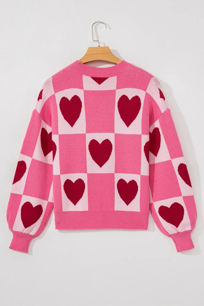 Pink Love Heart Checkered Valentine Crew Neck Sweater - Sweaters & Cardigans/Sweaters