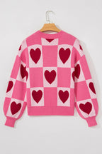 Pink Love Heart Checkered Valentine Crew Neck Sweater - Sweaters & Cardigans/Sweaters