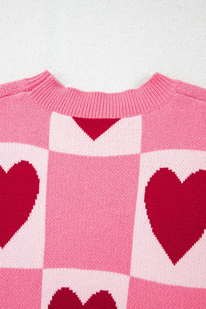Pink Love Heart Checkered Valentine Crew Neck Sweater - Sweaters & Cardigans/Sweaters