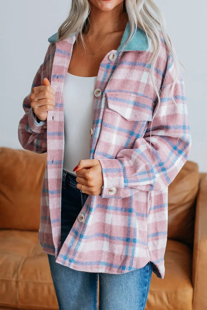 Shop Pink Plaid Print Color Block Collared Flap Pockets Loose Shacket at eAura