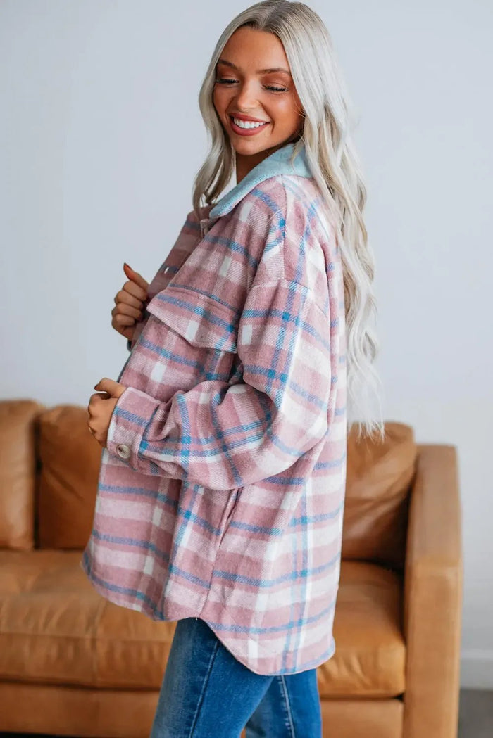 Shop Pink Plaid Print Color Block Collared Flap Pockets Loose Shacket at eAura