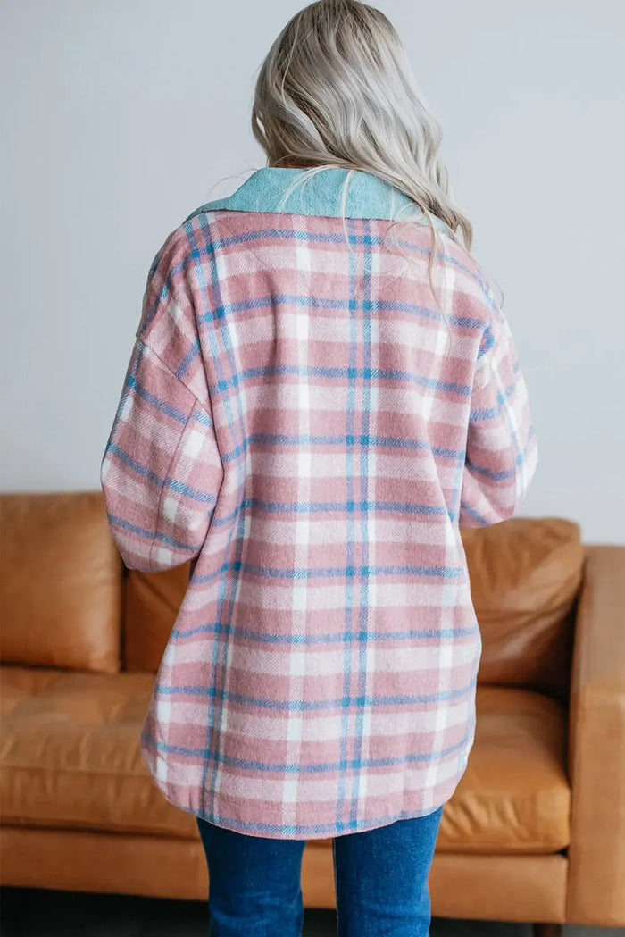 Shop Pink Plaid Print Color Block Collared Flap Pockets Loose Shacket at eAura