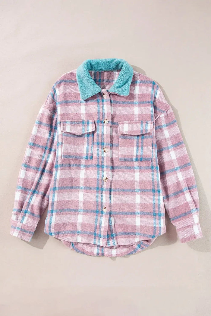 Shop Pink Plaid Print Color Block Collared Flap Pockets Loose Shacket at eAura