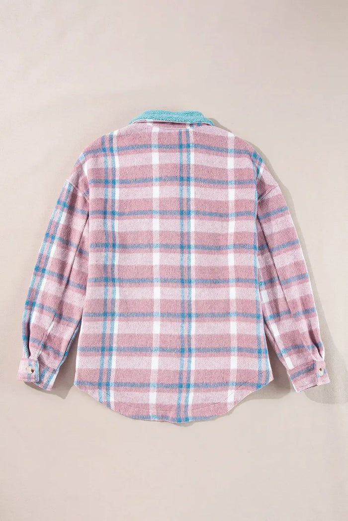 Shop Pink Plaid Print Color Block Collared Flap Pockets Loose Shacket at eAura