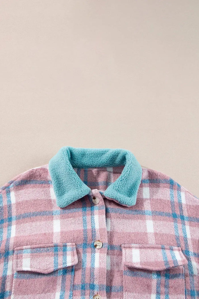 Shop Pink Plaid Print Color Block Collared Flap Pockets Loose Shacket at eAura