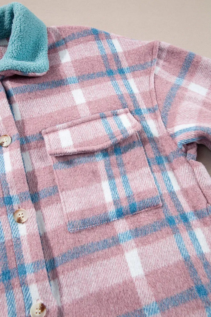 Shop Pink Plaid Print Color Block Collared Flap Pockets Loose Shacket at eAura