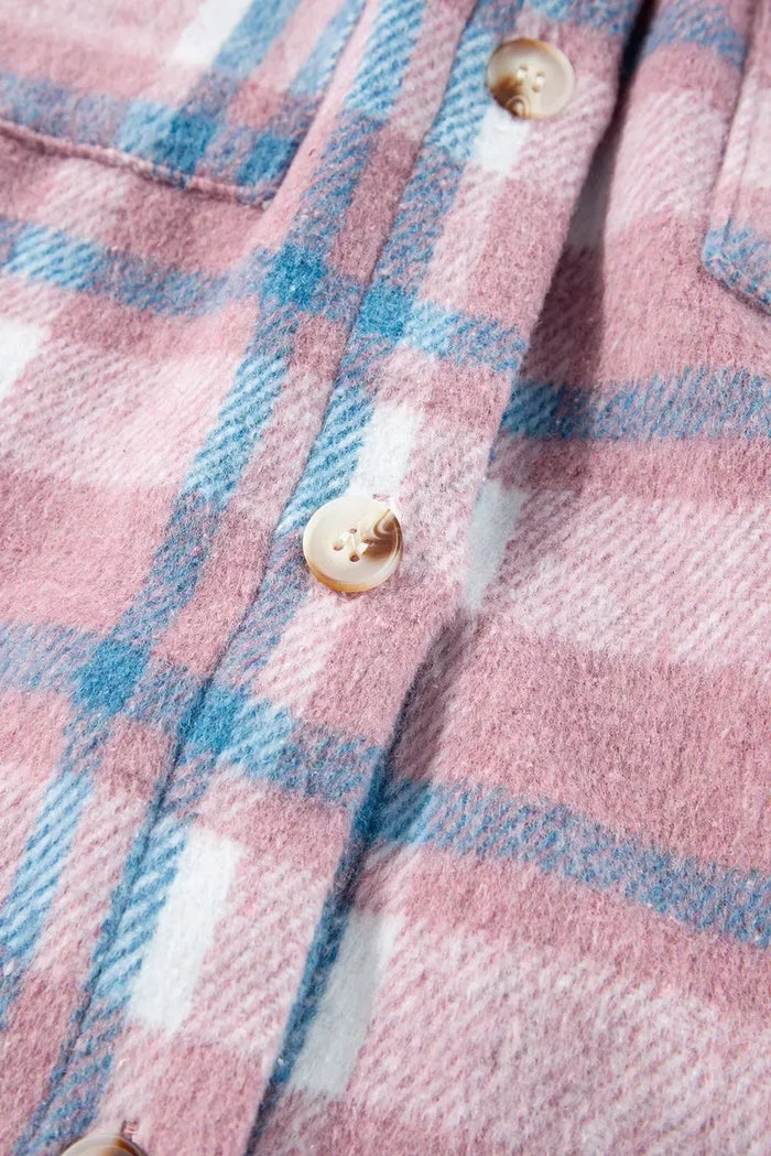 Shop Pink Plaid Print Color Block Collared Flap Pockets Loose Shacket at eAura