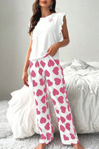 Pink Ruffled Tank Top And Heart Print Trousers Pyjamas - M / 95% Polyester + 5% Elastane - Loungewear &