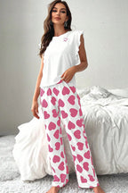 Pink Ruffled Tank Top And Heart Print Trousers Pyjamas - Loungewear & Sleepwear/Sleepwear