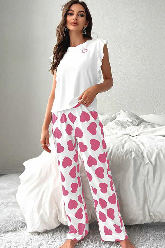 Pink Ruffled Tank Top And Heart Print Trousers Pyjamas - Loungewear & Sleepwear/Sleepwear
