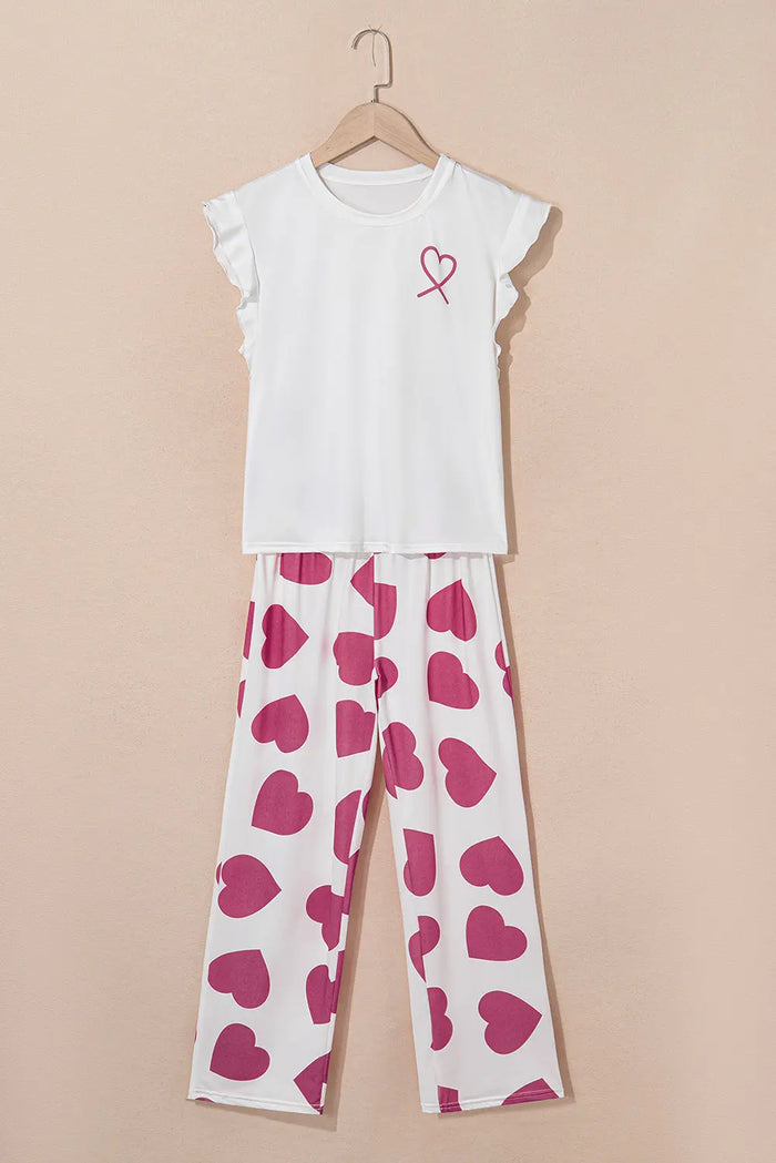 Pink Ruffled Tank Top And Heart Print Trousers Pyjamas - Loungewear & Sleepwear/Sleepwear