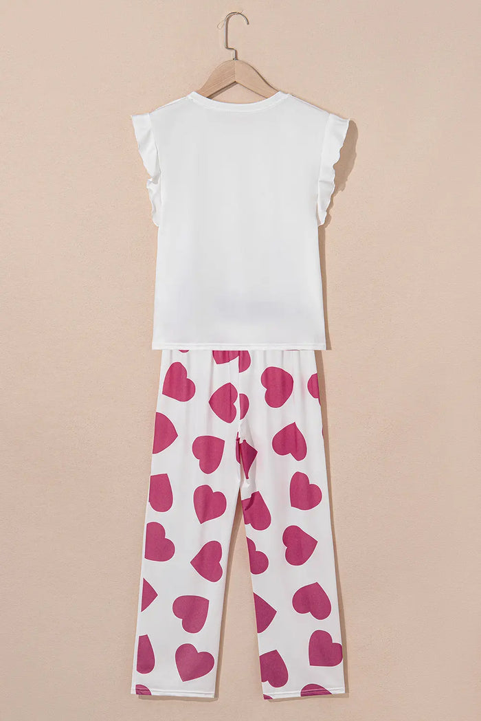 Pink Ruffled Tank Top And Heart Print Trousers Pyjamas - Loungewear & Sleepwear/Sleepwear