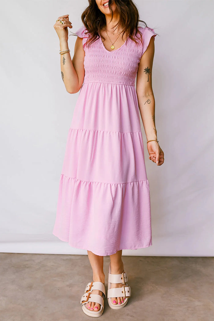 Pink Smocked Bodice Flutter Sleeve Fit Flare Tiered Midi Dress