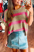 Pink Stripe Short Sleeve Lightweight Sweater - S - Sweaters & Cardigans/Short