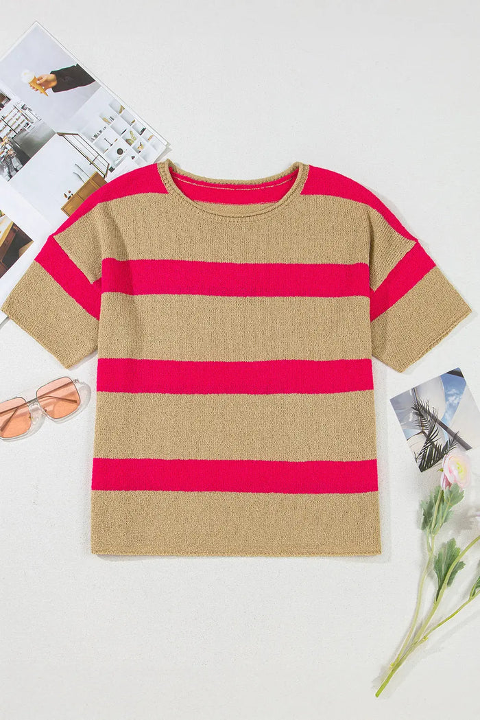 Pink Stripe Short Sleeve Lightweight Sweater - Sweaters & Cardigans/Short