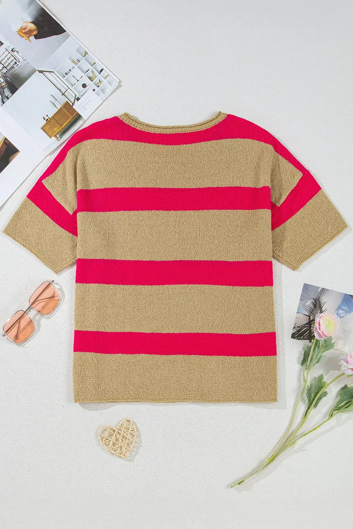 Pink Stripe Short Sleeve Lightweight Sweater - Sweaters & Cardigans/Short