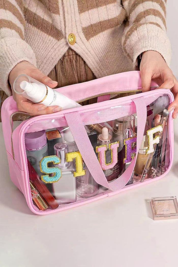 Pink STUFF Glitter Chenille Transparent Makeup Bag