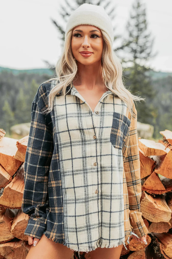 Plaid Button-Up Long Sleeve Shift Silhouette Shacket – Multicolour