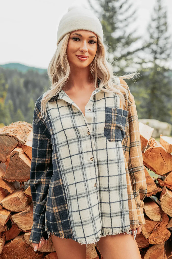 Plaid Button-Up Long Sleeve Shift Silhouette Shacket – Multicolour