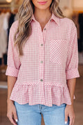 Plaid Half Sleeve Ruffle Hem Button Down Shirt – Pink